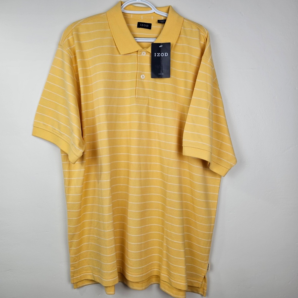 IZOD Polo Shirt Men XXL Yellow Striped Short Sleeve Cotton Pique Casual
